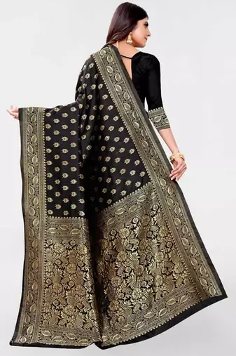 Black silk blend banarasi saree with unstitched blouse piece
