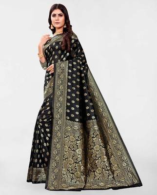Black silk blend banarasi saree with unstitched blouse piece 5
