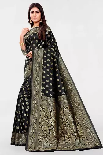 Black silk blend banarasi saree with unstitched blouse piece
