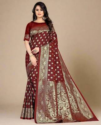 Maroon silk blend banarasi saree with unstitched blouse piece 1