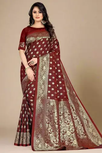 Maroon soft silk blend banarasi jacuard work designer party wear saree with unstitched blouse piece
