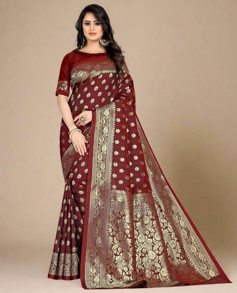 Maroon soft silk blend banarasi jacuard work designer party wear saree with unstitched blouse piece