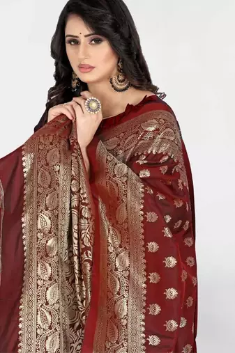 Maroon silk blend banarasi saree with unstitched blouse piece