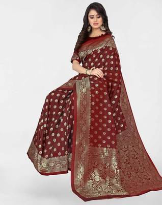 Maroon silk blend banarasi saree with unstitched blouse piece 3