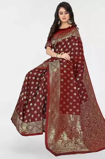 Maroon silk blend banarasi saree with unstitched blouse piece