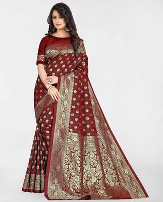 Maroon silk blend banarasi saree with unstitched blouse piece 4