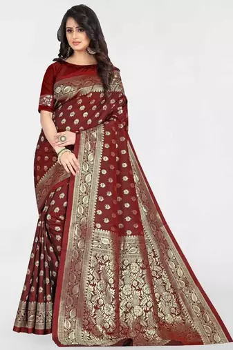 Maroon silk blend banarasi saree with unstitched blouse piece