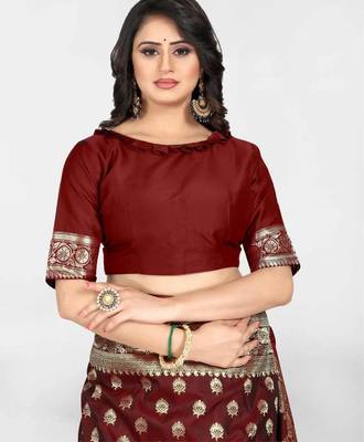 Maroon silk blend banarasi saree with unstitched blouse piece 5