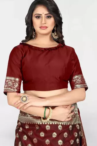 Maroon silk blend banarasi saree with unstitched blouse piece