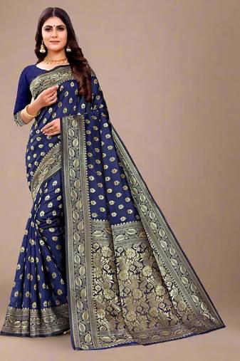 Blue soft silk blend banarasi jacuard work designer party wear saree with unstitched blouse piece