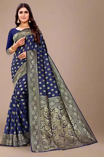 Blue soft silk blend banarasi jacuard work designer party wear saree with unstitched blouse piece