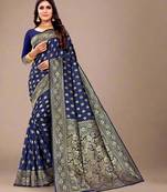 Blue soft silk blend banarasi jacuard work designer party wear saree with unstitched blouse piece