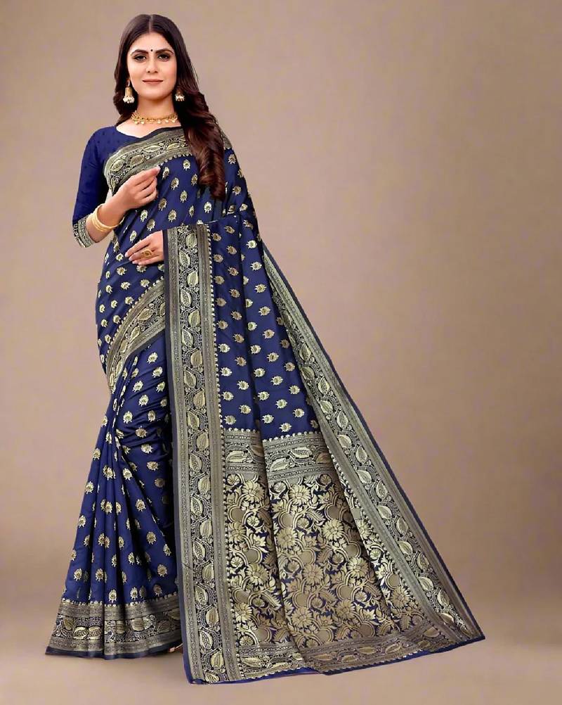 Blue soft silk blend banarasi jacuard work designer party wear saree with unstitched blouse piece