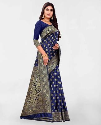 Blue silk blend banarasi saree with unstitched blouse piece 2