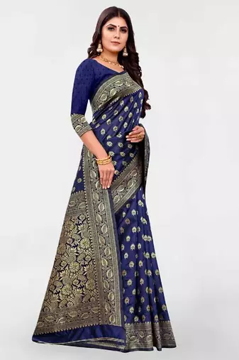 Blue silk blend banarasi saree with unstitched blouse piece