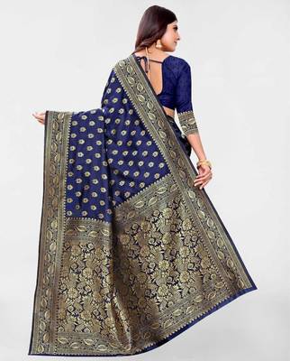 Blue silk blend banarasi saree with unstitched blouse piece 3