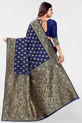 Blue silk blend banarasi saree with unstitched blouse piece