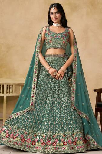 Teal Floral Lehenga with  Blouse