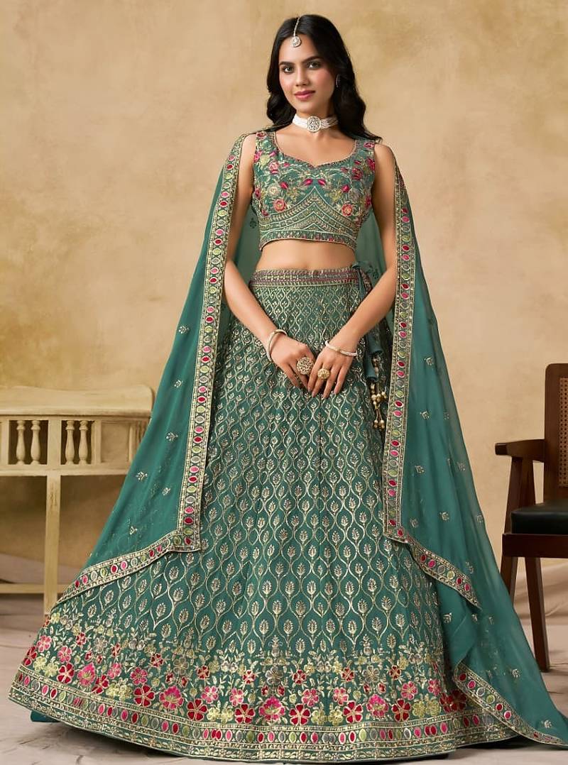 Teal Floral Lehenga with  Blouse