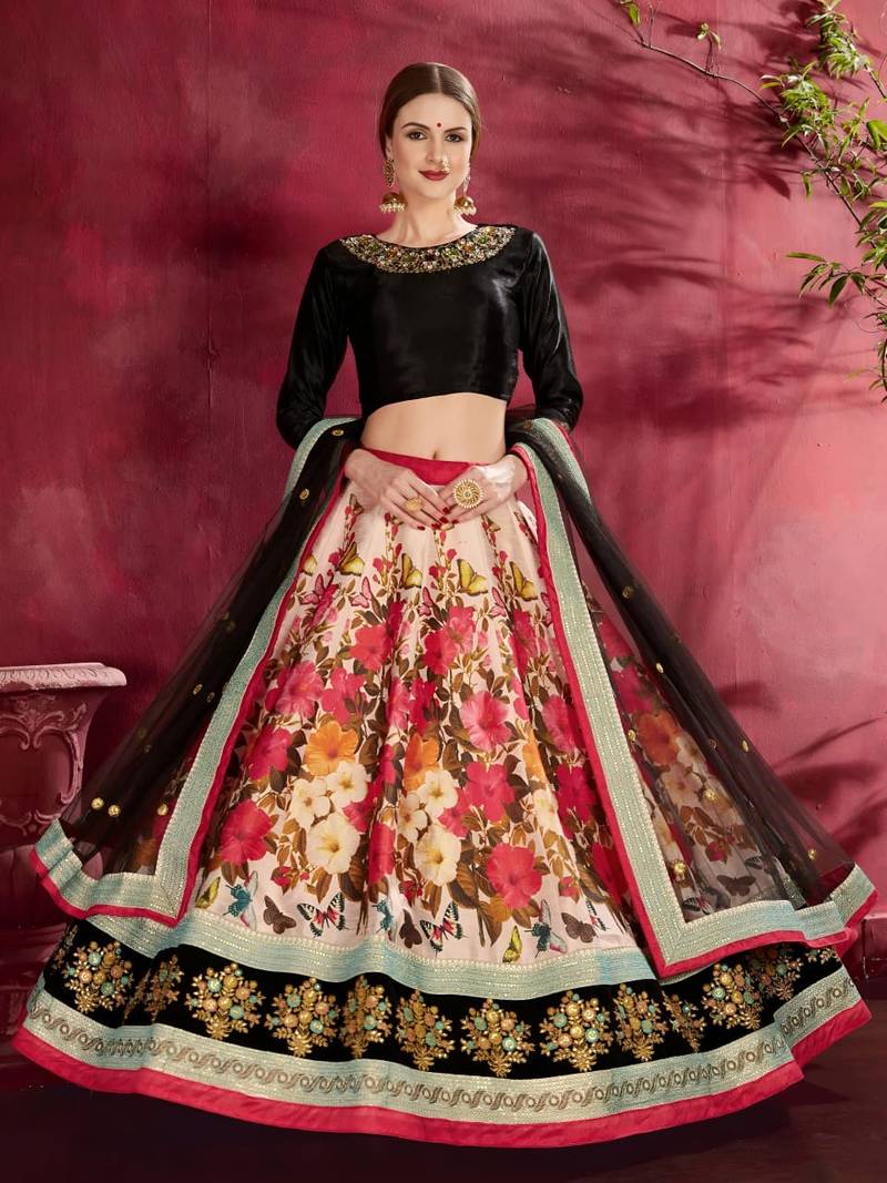 cream floral lehenga with black choli set