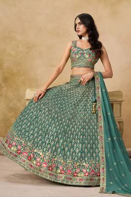 Teal Floral Lehenga with  Blouse 2