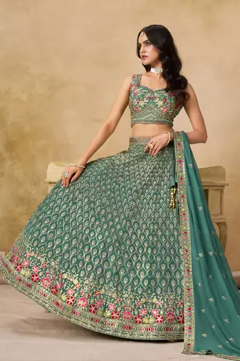 Teal Floral Lehenga with  Blouse