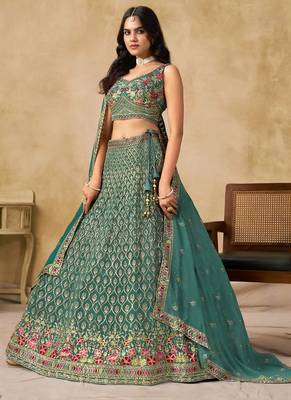 Teal Floral Lehenga with  Blouse 4