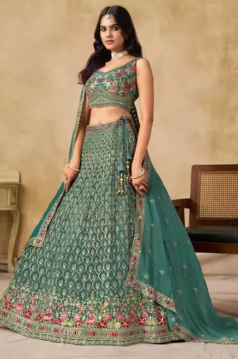 Teal Floral Lehenga with  Blouse