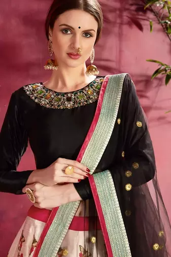 cream floral lehenga with black choli set
