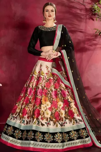 cream floral lehenga with black choli set