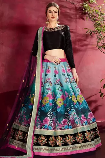 teal floral lehenga with black choli set