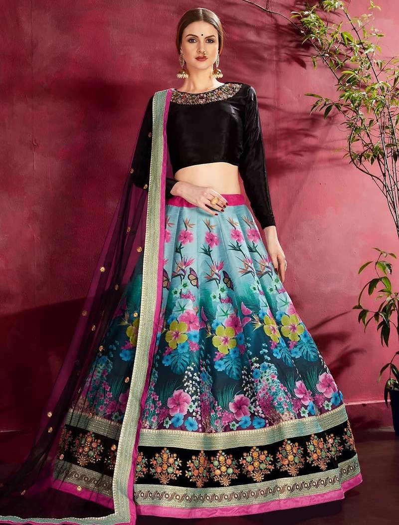 teal floral lehenga with black choli set