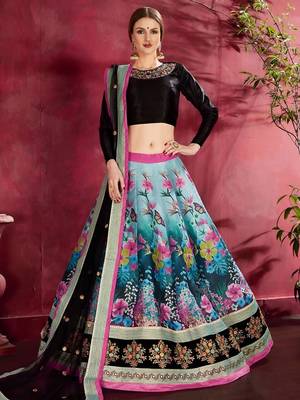 teal floral lehenga with black choli set 2