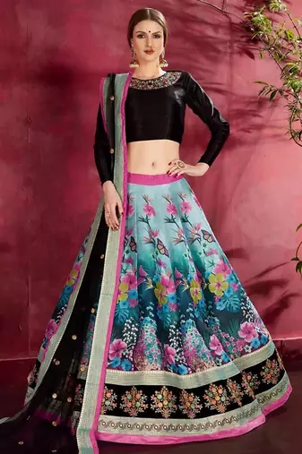teal floral lehenga with black choli set