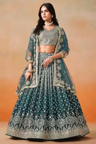 Teal Green Embroidered Lehenga