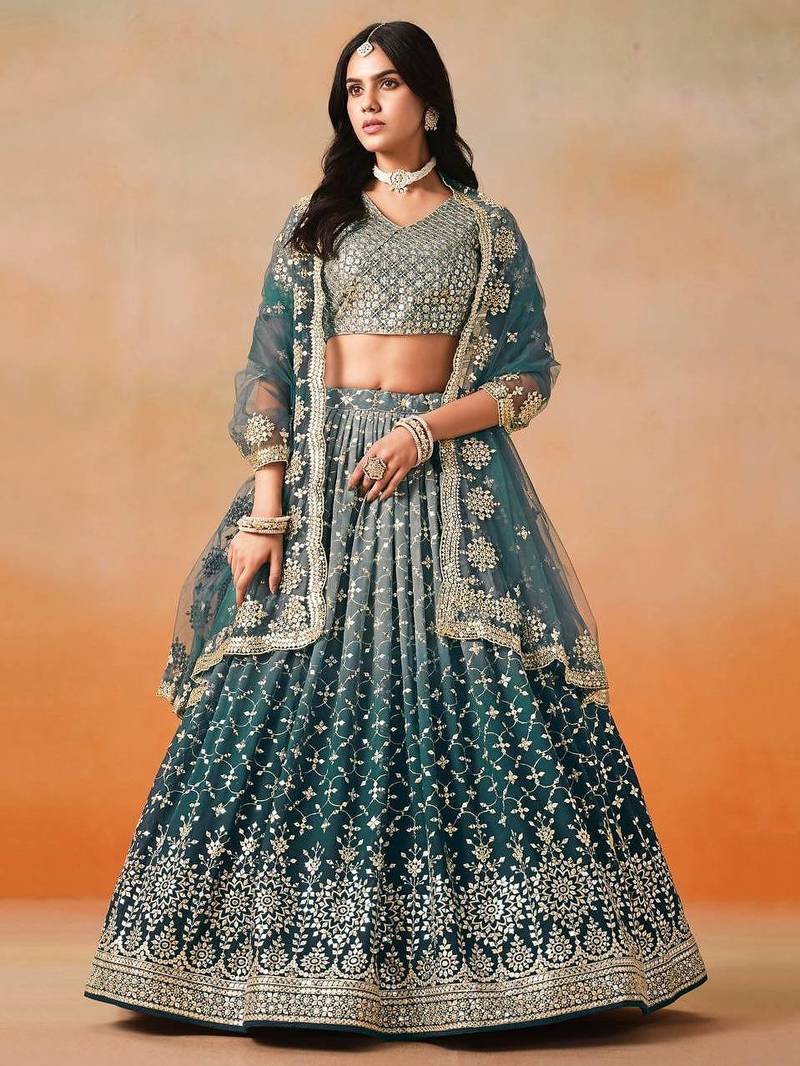 Teal Green Embroidered Lehenga