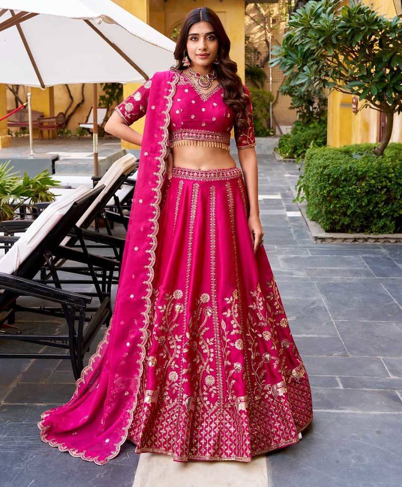 pink heavy embroidered bridal lehenga choli set