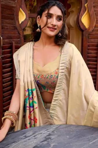 traditional beige lehenga saree style outfit