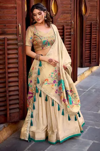 traditional beige lehenga saree style outfit