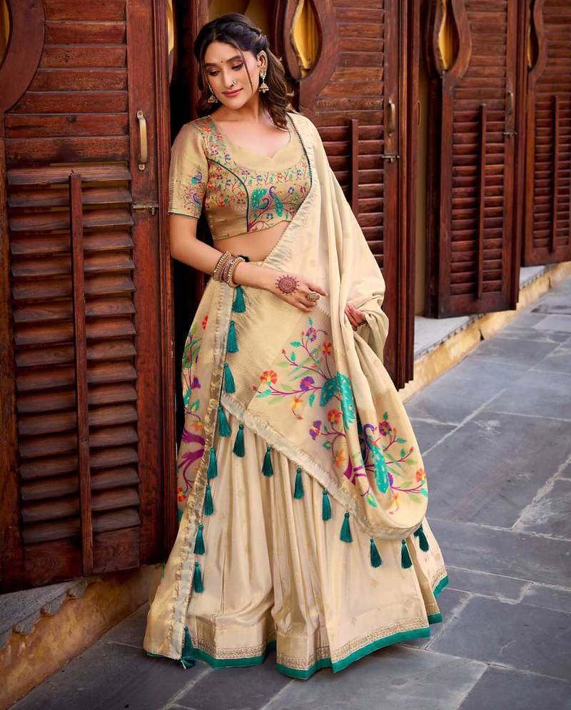 traditional beige lehenga saree style outfit