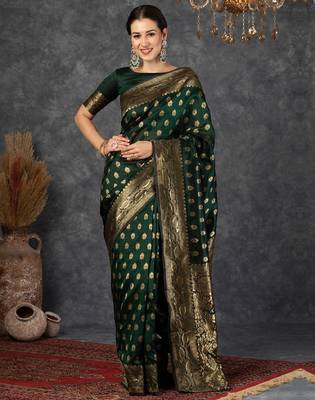 Green silk blend banarasi saree with unstitched blouse piece 1