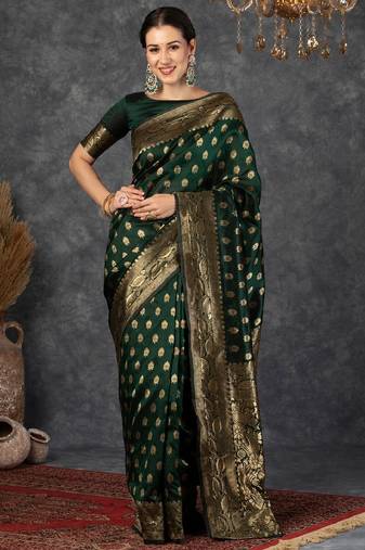 Green soft silk blend banarasi jacuard work designer party wear saree with unstitched blouse piece