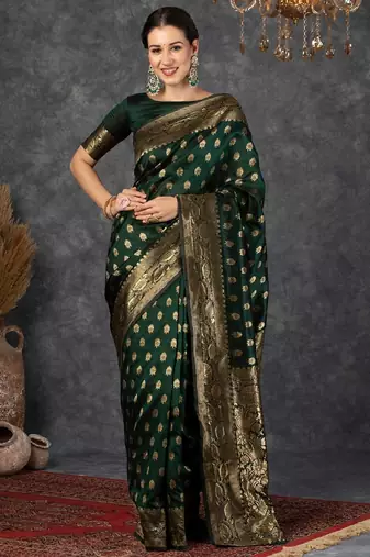 Green soft silk blend banarasi jacuard work designer party wear saree with unstitched blouse piece