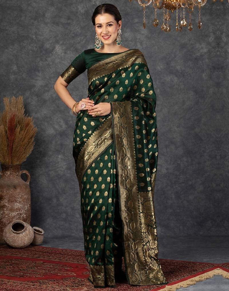 Green soft silk blend banarasi jacuard work designer party wear saree with unstitched blouse piece