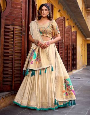 traditional beige lehenga saree style outfit 3