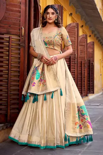 traditional beige lehenga saree style outfit