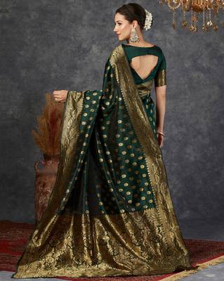 Green silk blend banarasi saree with unstitched blouse piece 2