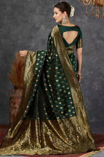 Green silk blend banarasi saree with unstitched blouse piece