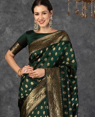 Green silk blend banarasi saree with unstitched blouse piece 3
