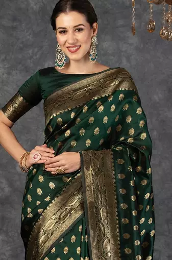 Green silk blend banarasi saree with unstitched blouse piece